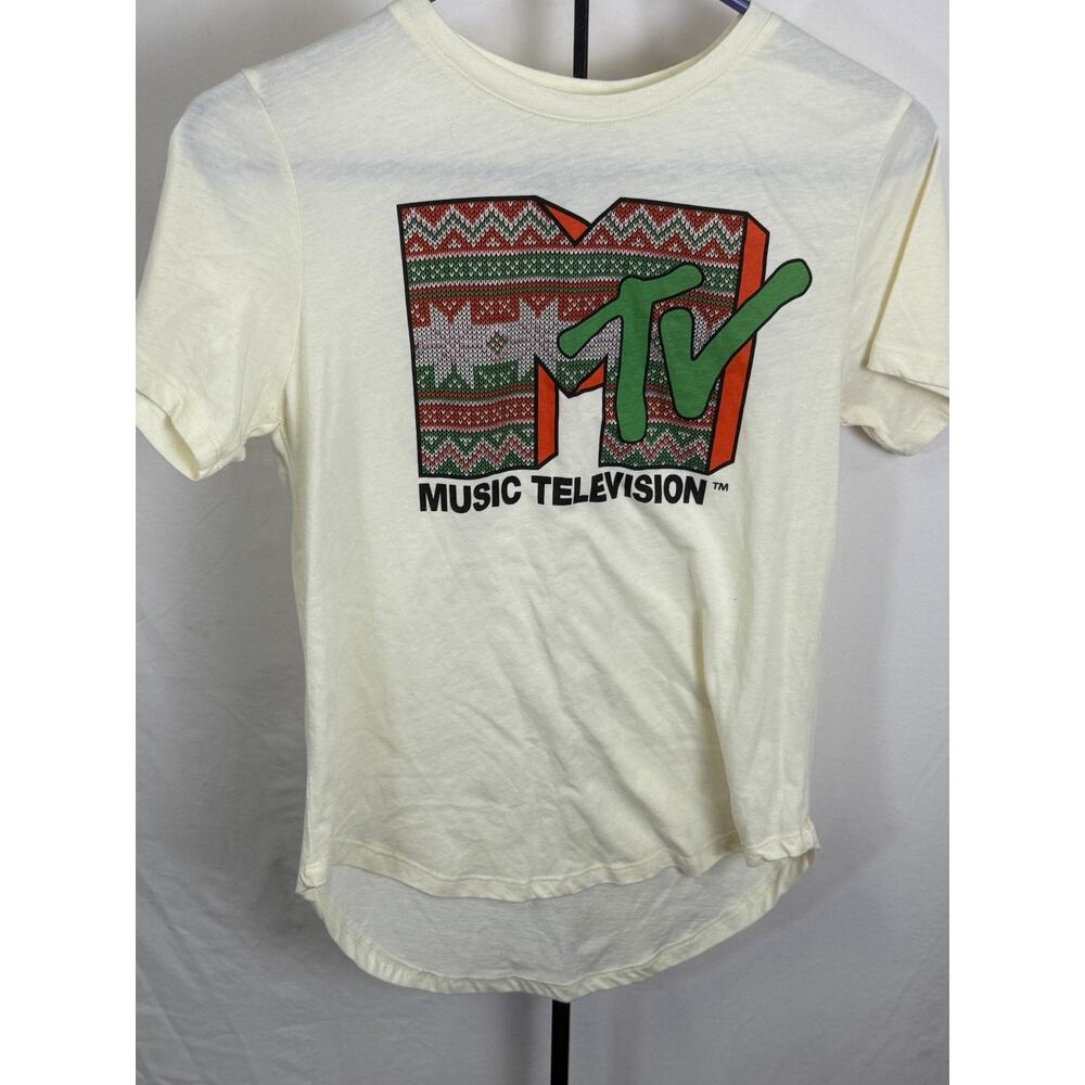 MTV Music Television Holiday Graphic Tee Cream Short Sleeve Retro Shirt M